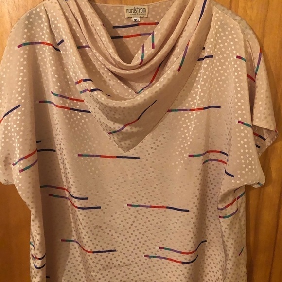 Vintage 70s 80s Nordstrom Cream Red Purple Cowl Neck  short sleeve blouse - Picture 2 of 7